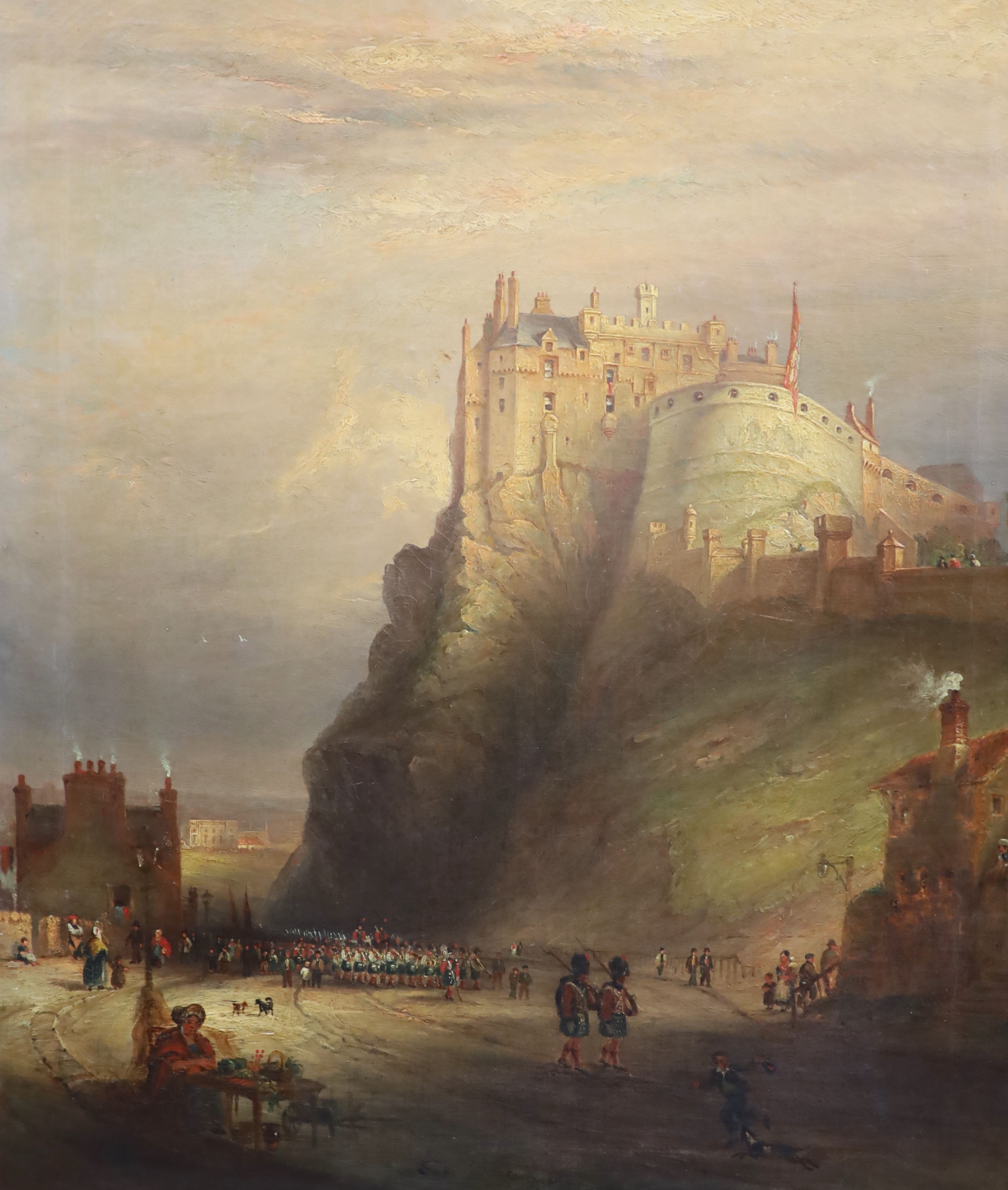 William McEwan (19th C.), Edinburgh Castle with the Royal Worcestershire Regiment marching below, Oil on canvas, 76 x 64cm